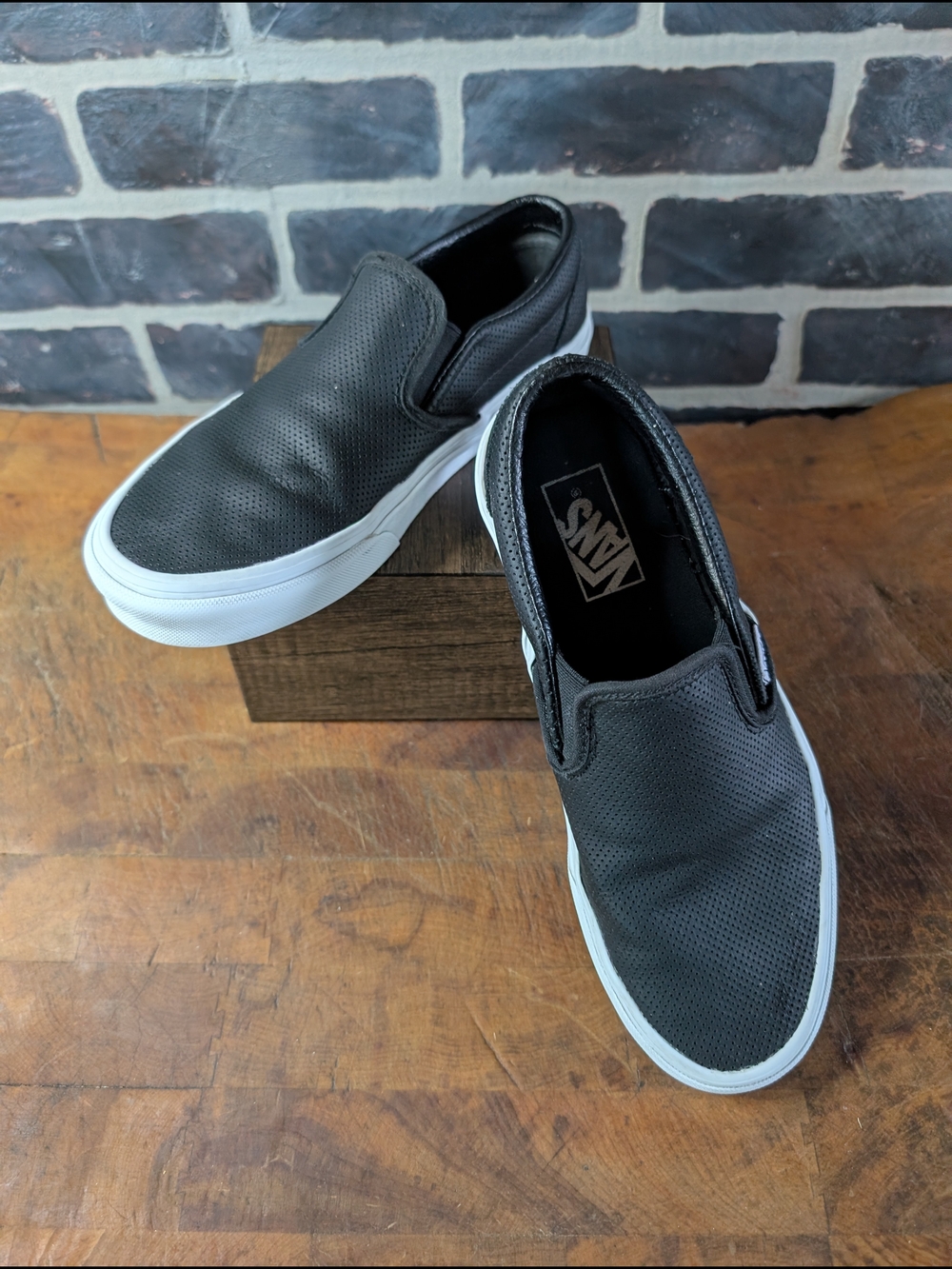 (A) Vans Slip-On Perforated Leather Sneakers - Black (See All Photos)
